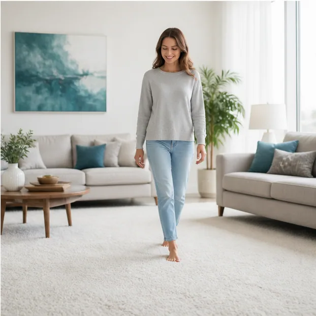 Homeowner enjoying a freshly cleaned carpet in a bright living room
