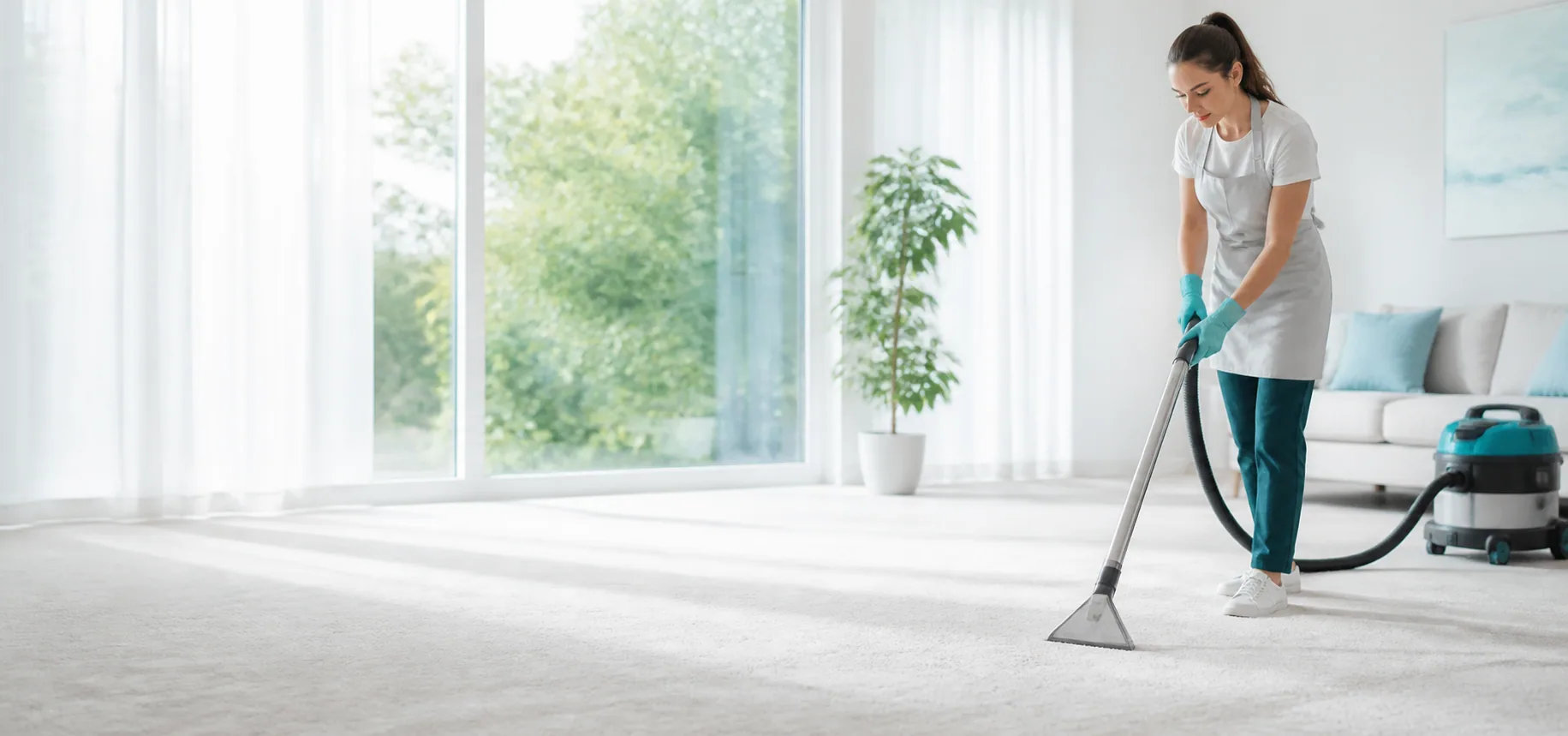 FreshWeave technician completing a carpet clean in a bright living room