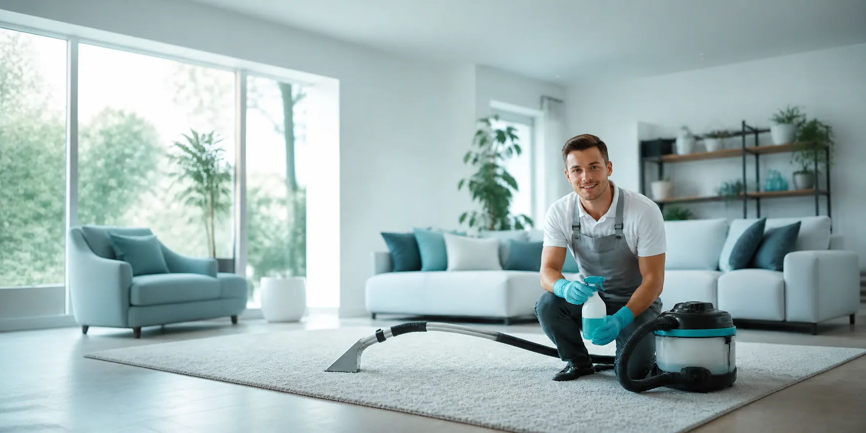 FreshWeave carpet-cleaning technician preparing professional equipment in a bright living room