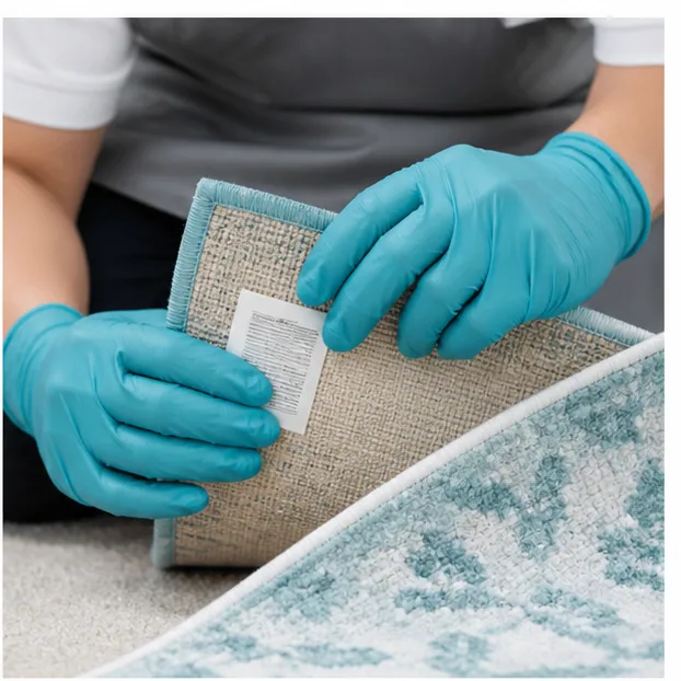 Technician reviewing the care label and backing of an area rug